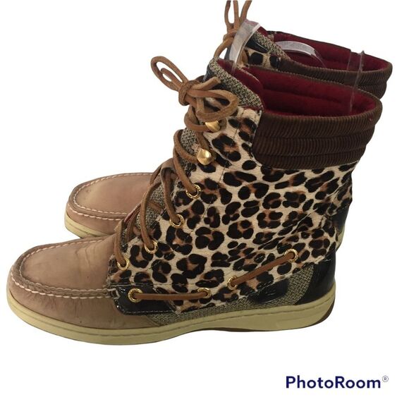 Sperry Hikerfish Brown Leather Leopard Lace Up Ankle Boot Sz 6 9173626 Cheetah - Picture 3 of 11